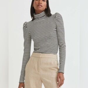 Veronica Beard Cedar Turtleneck, Puff Sleeve, Striped, Black/Cream, Ribbed, M